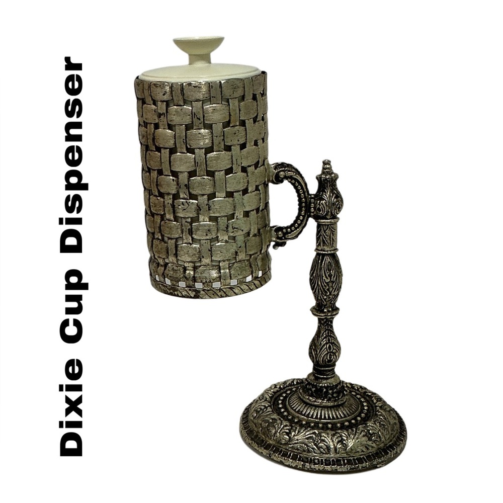 MCM HOLLYWOOD REGENCY Countertop Dixie Cup Dispenser Gold Tone Ornate Vintage